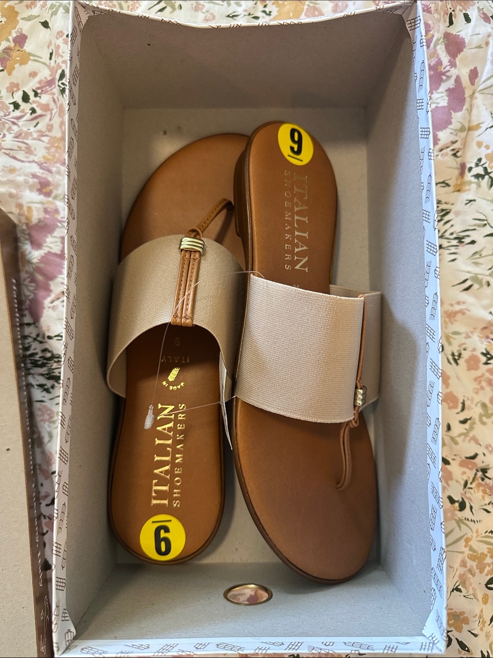 Italian Shoemakers Brown Leather & Beige Fabric Thong Sandals